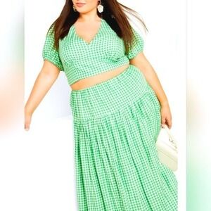 City Chic Plus Size 22 3X Set Green Gingham Plaid Crop Top Maxi Skirt Outfit